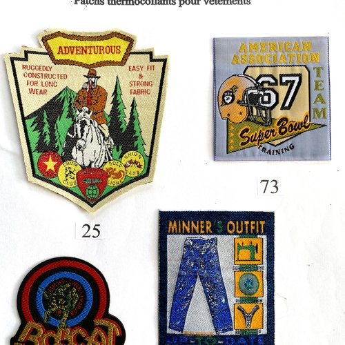 Appliques, patchs, écussons thèmes : adventurous, super bowl 67, bobcat, minner'outfit