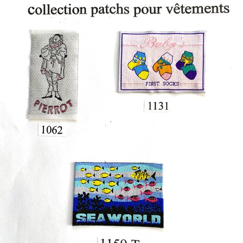 Appliques, patchs, écussons thèmes publicité : pierrot, baby's socks, sea world