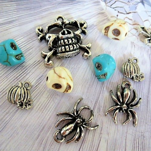 10 perles halloween têtes de mort, crânes, araignées, citrouilles et croix