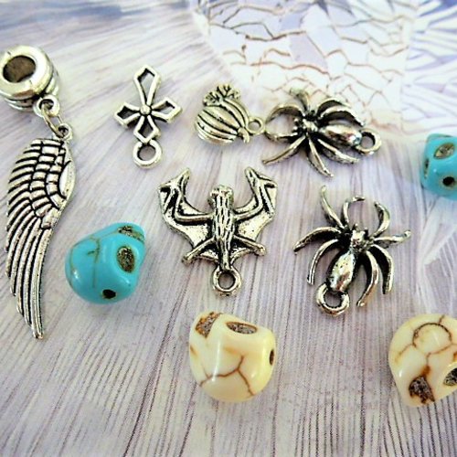 Perles halloween têtes de mort, crâne, croix, chauve souris, citrouille, aile, araignées