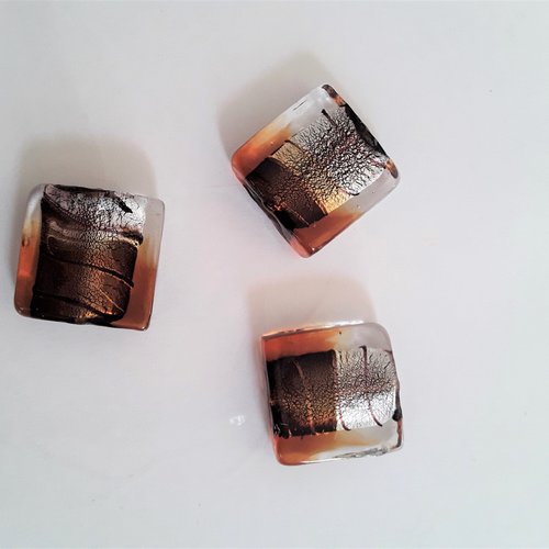 3 perles verre murano carrées, ambre et argent côté 20 x épaisseur 7 mm, coeur feuille argent