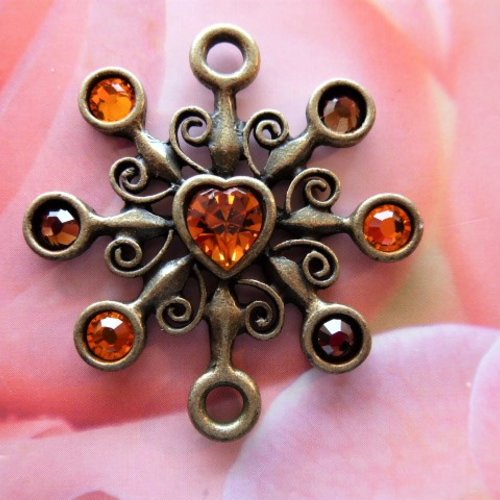 Pendentif connecteur médaillon 3.5 cm métal argenté et strass orange