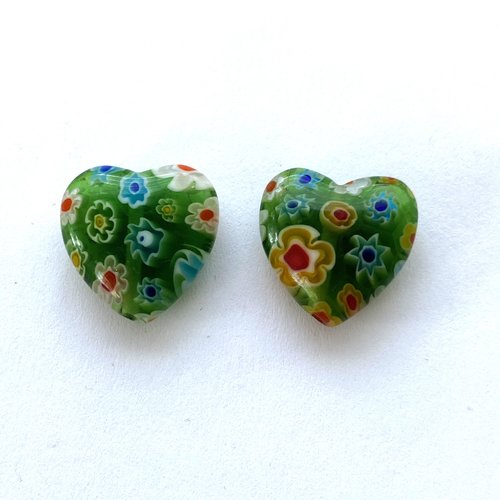 Coeurs millefiori verts 16 mm