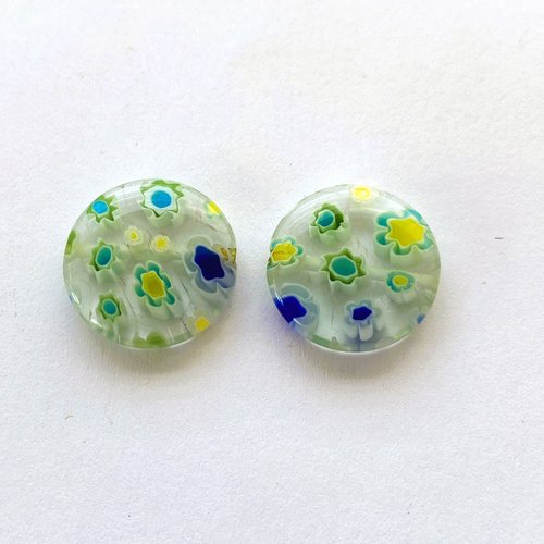 2 perles palets rondes 16 mm transparent verre millefiori