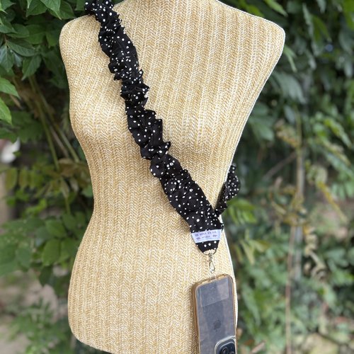 Bandoulière téléphone femme noire à pois blancs – sangle réglable à volants- cordon telephone