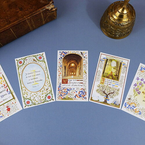 Lot de 5 images de communion illustrées à l'aquarelle avec or à chaud, style enluminure médiévale, lot 2