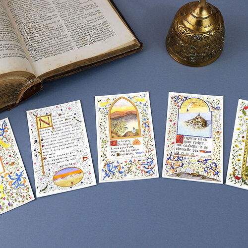 Lot de 5 images de communion illustrées à l'aquarelle avec or à chaud, style enluminure médiévale, lot 3