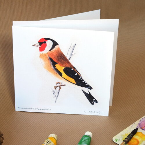 Carte postale double oiseau chardonneret illustrée, avec son enveloppe