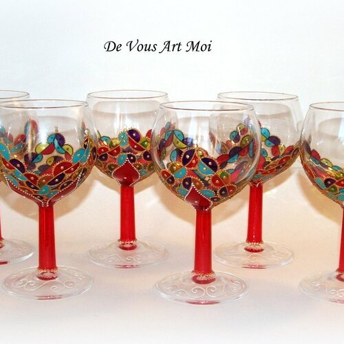 Service de 6 verres,verre ballon vin,verre peint main,verre peint coloré,décoration table chic