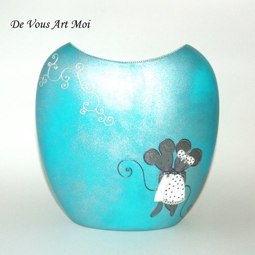Vase en porcelaine,vase artisanal turquoise,peint à la main,fait main,couple de souris
