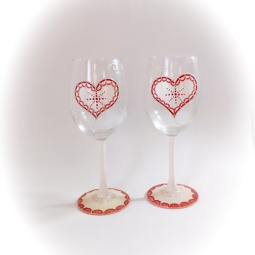 Duo verre à vin original illustré décorés coeur fait main artisanal