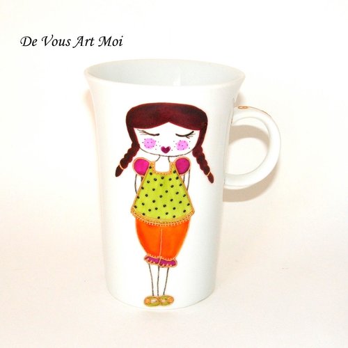 Mug tasse porcelaine colorée,dessin illustration fille,fait main