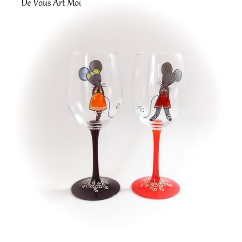 Verre à vin original illustrés cadeau couple noël mariage saint valentin souris peinte main artisanal