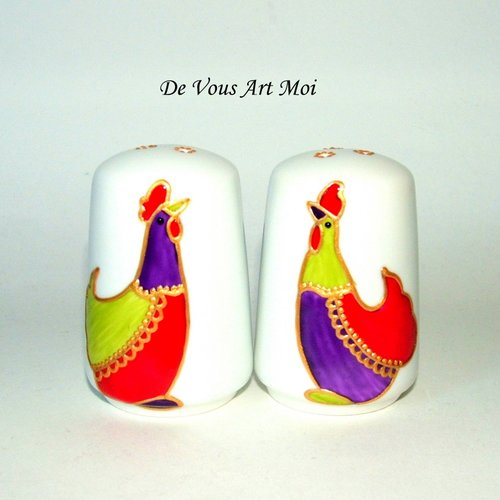 Salière poivrière porcelaine originale motif poule coq peinte main artisanale