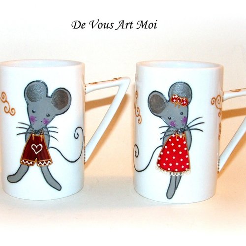 Duo de tasse mug illustée,tasse originale porcelaine colorée,peinte main