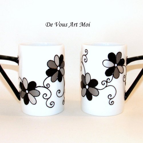 Duo mug tasse porcelaine,fait main,mug décoration fleur,peint main