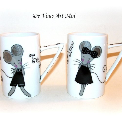 Duo de tasse mug illustée,tasse originale porcelaine colorée,peinte main