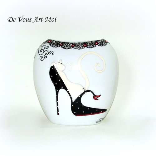 Vase porcelaine motif chat,peint main,vase original coloré artisanal