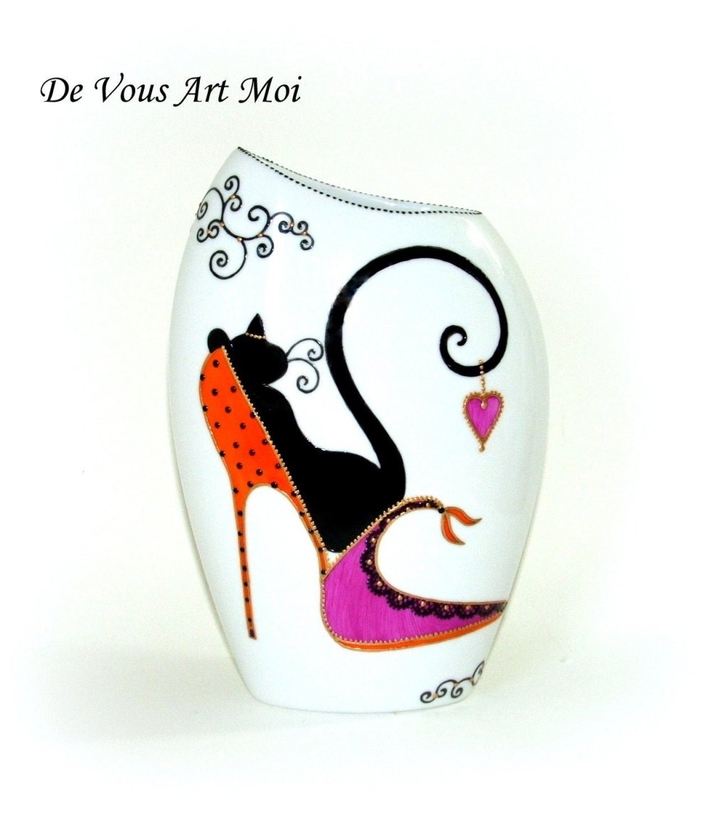 Vase Motif Chat Porcelaine Peint Main Vase Colore Fait Main Chat Noir Dans Chaussure Un Grand Marche