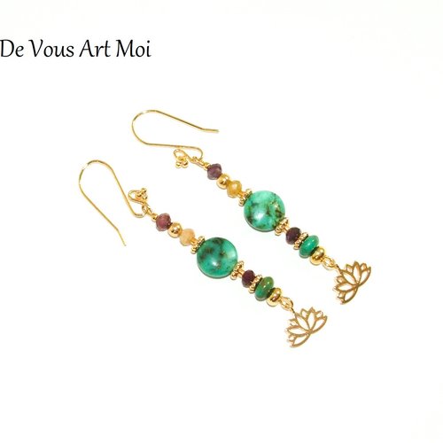 Boucle d'oreille turquoise plaqué or,pierre gemmes semi précieuse,fleur de lotus,fait main artisanale
