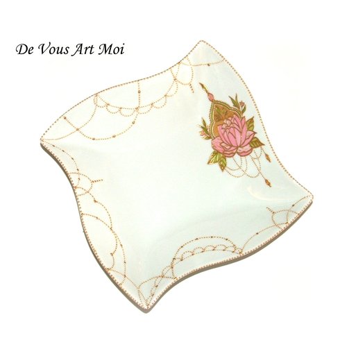 Fleur de lotus peint main,plat carré porcelaine,grand vide poche,rose et vert,artisanal