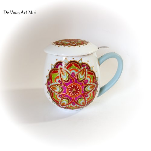 Théière tisanière mug tasse céramique porcelaine filtre couvercle peint main artisanal