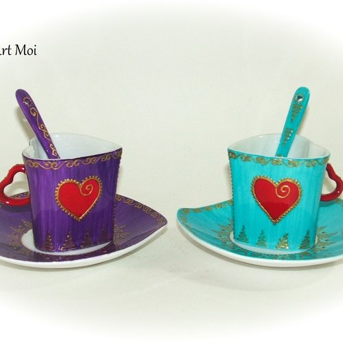 Tasse duo forme coeur,tasse porcelaine soucoupe cuillère,peinte main artisanal