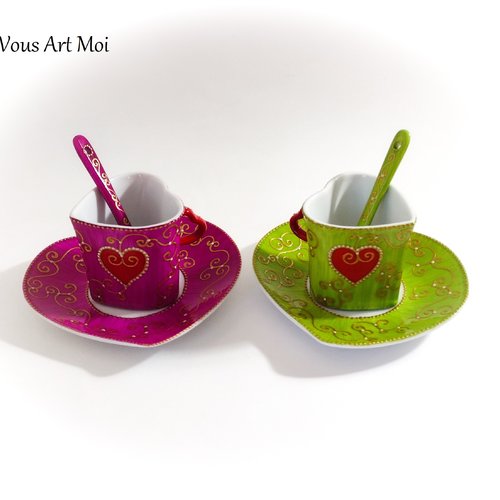 Tasse original céramique porcelaine duo forme coeur peinte main artisanal