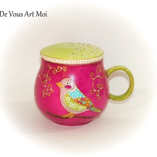 Tisanière tasse théière,mug porcelaine filtre couvercle,peint main artisanal
