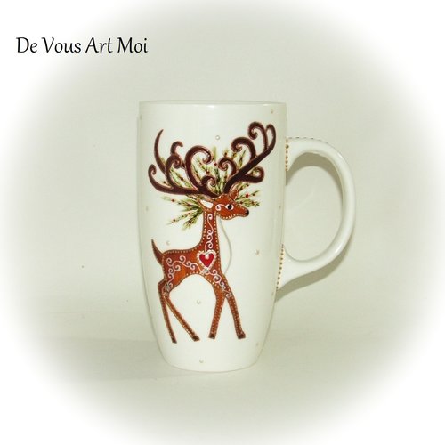 Mug tasse porcelaine céramique,cadeau thème renne cerf,mug original grande contenance,fait main artisanal