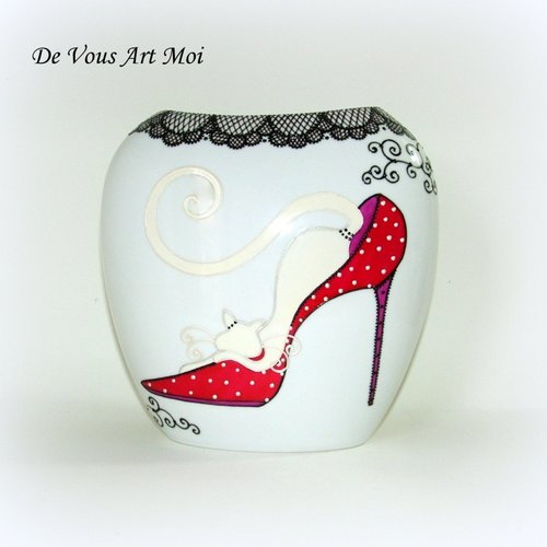 Vase porcelaine céramique motif chat,peint main,vase original coloré artisanal