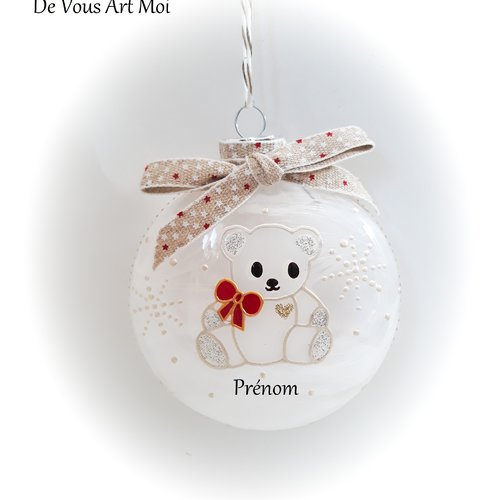 Boule noël personnalisée nounours ourson blanc verre artisanale peinte main