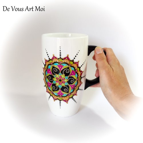 Mug tasse porcelaine céramique cadeau thème manadala original grande contenance fait main artisanal