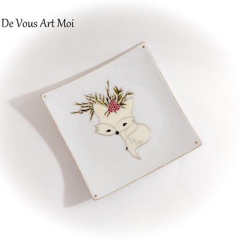 Vide poche coupelle  plat renard décoration thème renard porcelaine peinte main artisanale