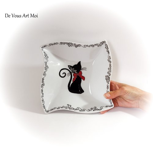 Vide poche coupelle plat porcelaine cadeau thème chat peint main artisanal