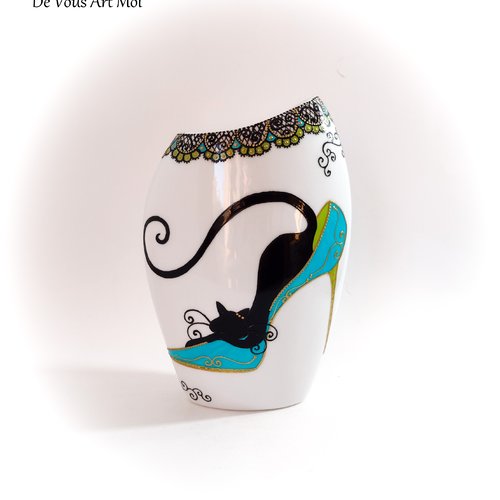 Vase porcelaine céramique motif chat peint main artisanal