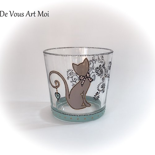 Photophore verre cache pot bougeoir récipient original thème chat fait main artisanal
