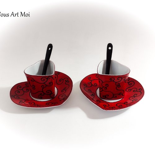 Tasse originale duo forme coeur tasse porcelaine soucoupe cuillère peinte main artisanal