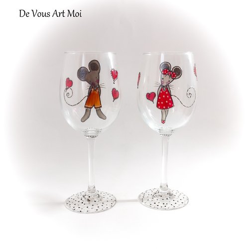 Verres à vin duo original illustration souris verre décorée peint main artisanal
