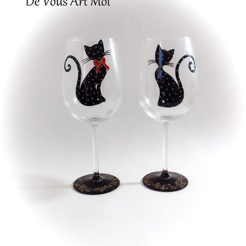Verre à vin original duo grand verre vin cadeau thème chat peint main artisanal