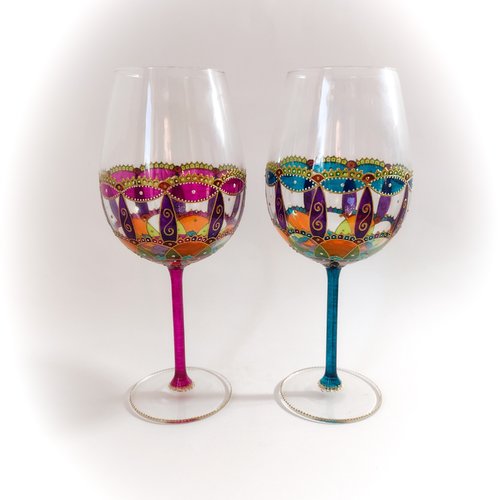 Verre à vin coloré original duo grand verre multicolore peint main artisanal