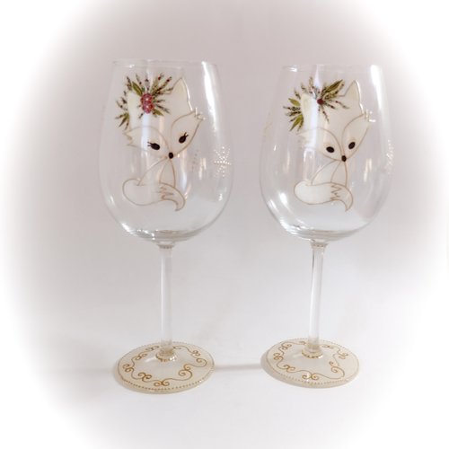 Verres à verre à vin illustré motif renard blanc fait main verre artisanal peint main