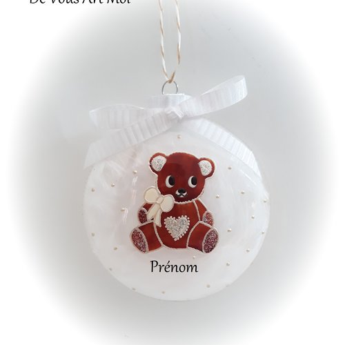 Boule noël bébé personnalisée prénom enfant boule ourson nounours brun noël peinte main