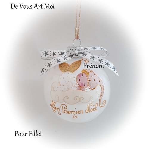 Boule mon premier noël peinte main personnalisé bébé lutine fée ange noël peint main