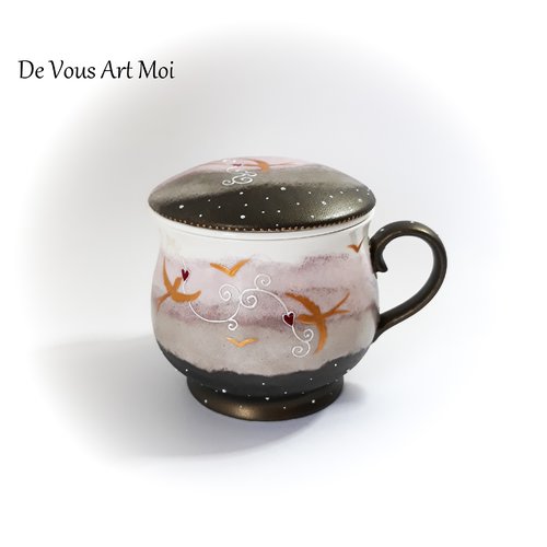 Tisanière théière céramique colorée originale mug tasse naturel oiseaux porcelaine filtre couvercle peint main artisanal