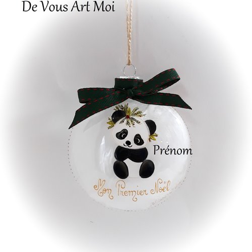 Boule mon premier noël bébé personnalisée verre peint main dessin panda noël fait main artisanale