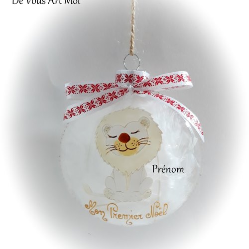 Boule mon premier noël bébé personnalisée verre peint main dessin lion blanc noël fait main artisanale