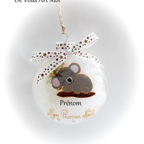 Boule mon premier noël bébé personnalisée verre peint main dessin koala noël fait main artisanale