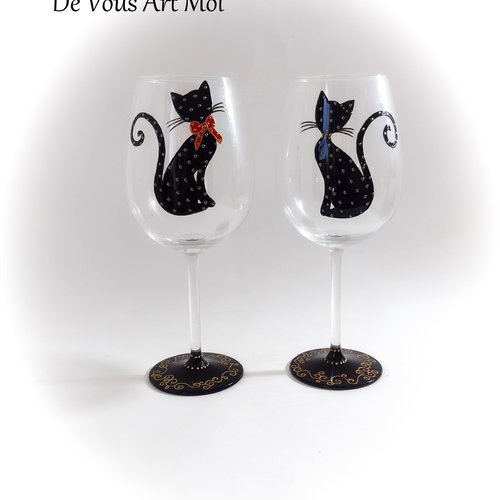 Verres à verre à vin illustré motif chat fait main verre artisanal peint main