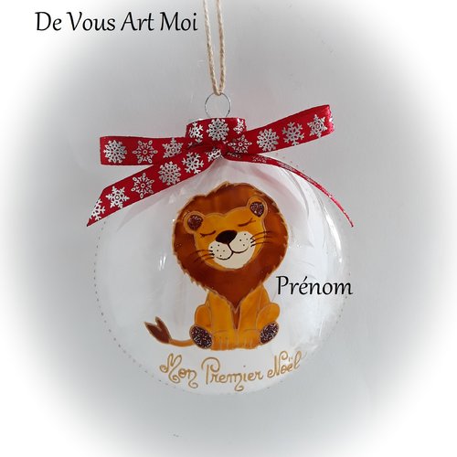 Boule mon premier noël bébé personnalisée verre peint main dessin lion noël fait main artisanale